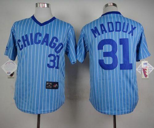 Men's Majestic Chicago Cubs #31 Greg Maddux Authentic Blue/White Strip  Cooperstown Throwback MLB Jersey