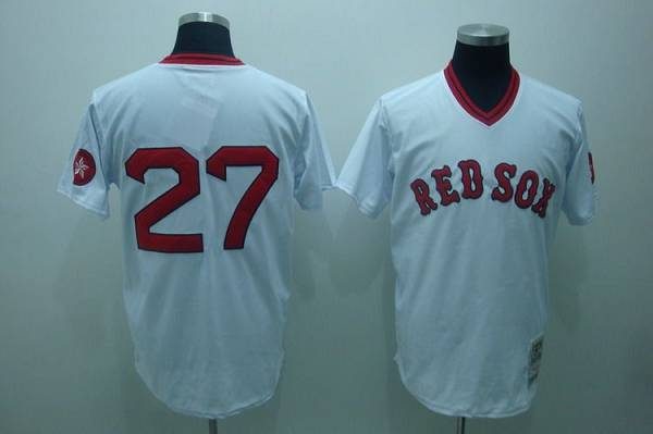 Men's Mitchell and Ness Boston Red Sox #27 Carlton Fisk Authentic White  Throwback MLB Jersey